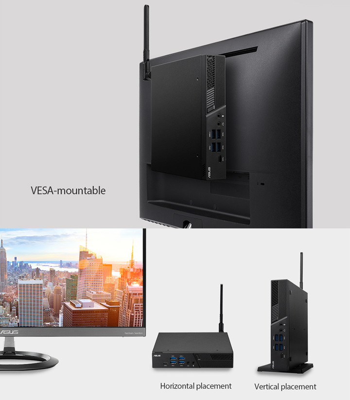 VESA-mountable, Horizontal placement, Vertical placement