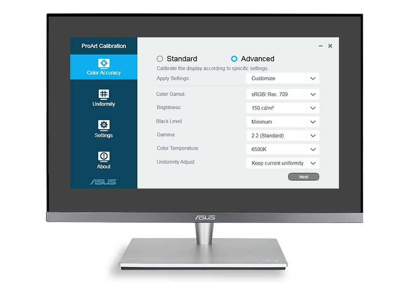 ASUS ProArt Calibration Technology achieves optimum color accuracy when working with different types of content with a variety of advanced setups