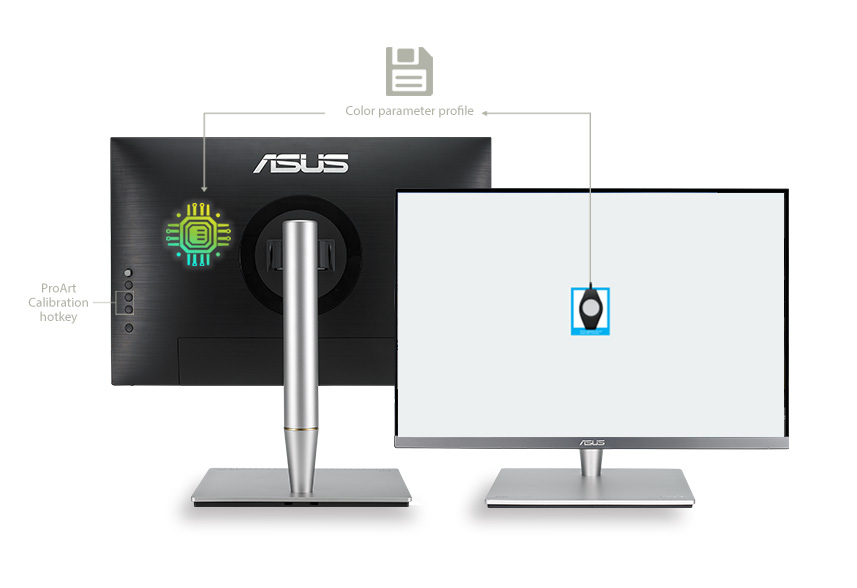 A tecnologia ASUS ProArt™ Calibration pode gravar todos os parâmetros de cor dos perfis no Chip integrado (IC) interno do monitor ProArt™, em vez de os gravar no PC.