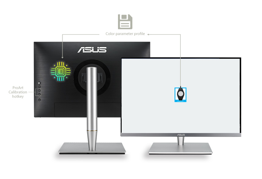 La technologie ASUS ProArt™ Calibration sauvegarde tous les profils de paramétrage sur la puce du circuit intégré de l'écran au lieu de l'ordinateur. Vous pouvez ainsi brancher le moniteur ProArt à différents appareils sans avoir à changer sans arret ses paramètres.