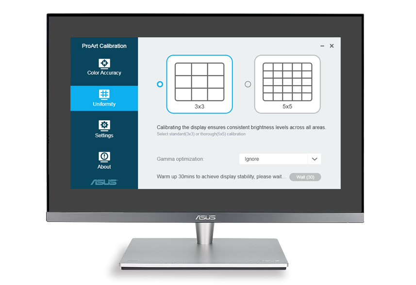 ASUS ProArt Calibration Technology offers 3x3 and 5x5 uniformity compensation matrices to ensure consistent brightness throughout the screen to reduce color shift.