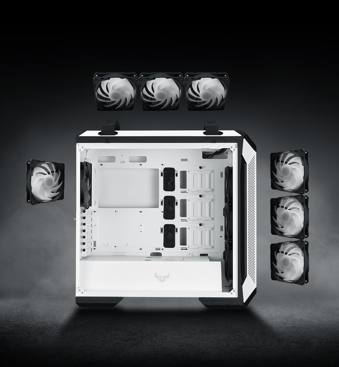 TUF Gaming GT501 white edition featuresseven cooling fans.