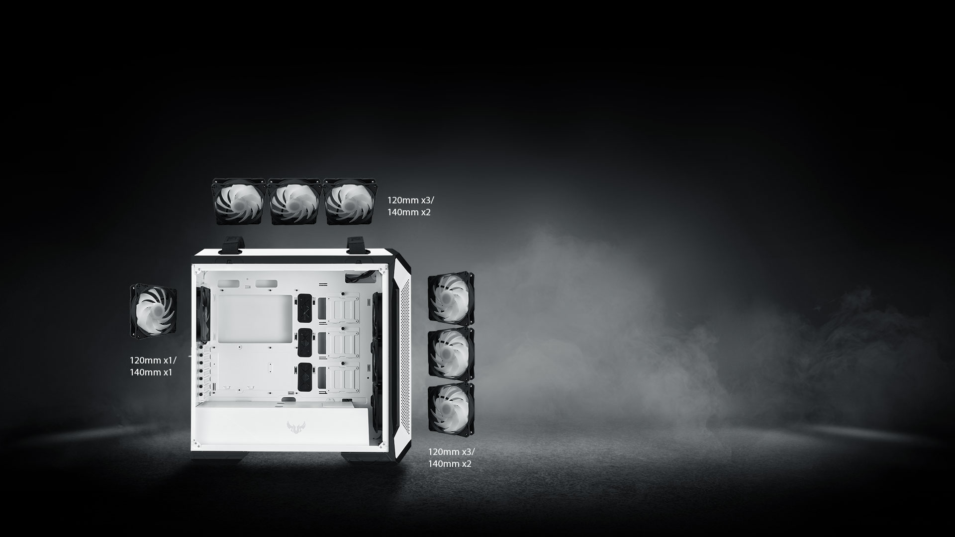 TUF Gaming GT501 white edition featuresseven cooling fans.