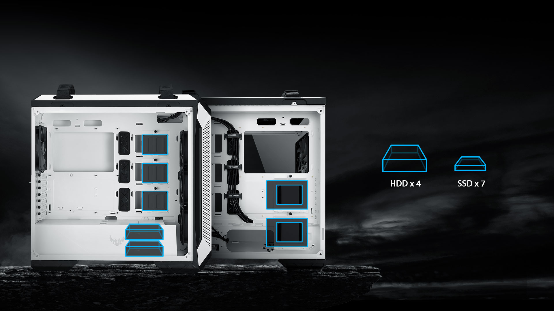 TUF Gaming GT501 white edition can accommodate 7 x 2.5” SSD and 4 x 3.5” HDD.