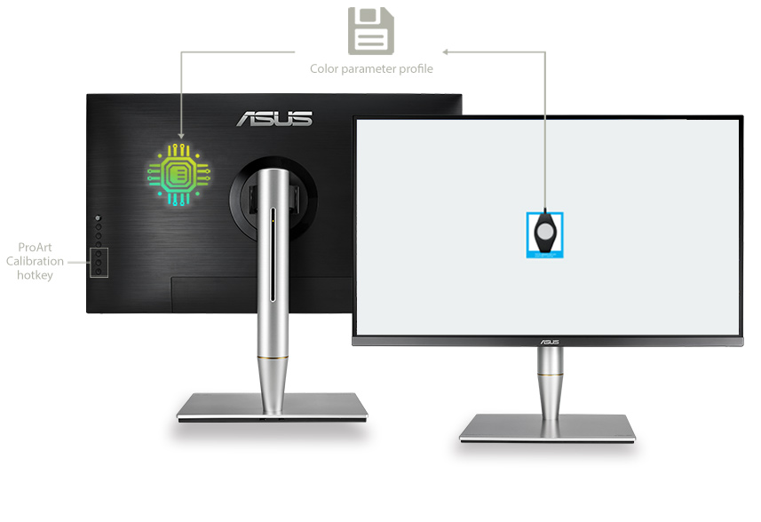 ASUS ProArt Calibration Technology can save all color parameter profiles on the monitor's internal scaler integrated circuit (IC) chip instead of the PC