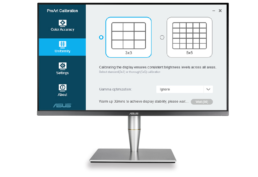 ASUS ProArt Calibration Technology offers 3x3 and 5x5 uniformity compensation matrices to ensure consistent brightness throughout the screen to reduce color shift.