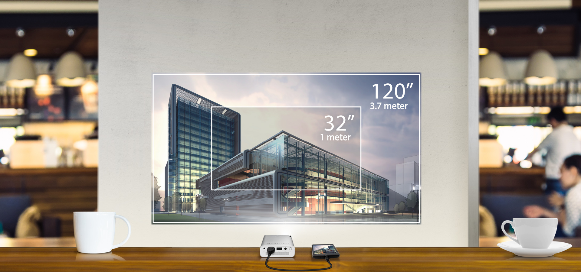 ASUS ZenBeam E1 can project 32 inch screen in 1 meter and 120 inch screen in 3.7 meter