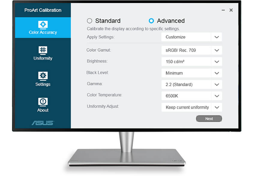 ASUS ProArt Calibration Technology achieves optimum color accuracy when working with different types of content with a variety of advanced setups