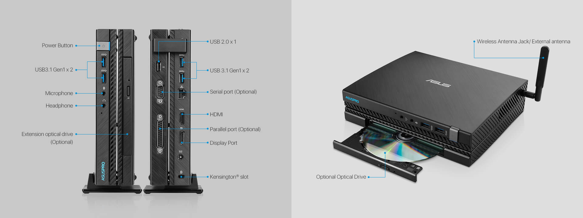 ASUSPRO E520-Business mini PC- hdmi- USB 3.1- serial port and ASUSPRO E520-Business mini PC-ODD-Wirelss Antenna