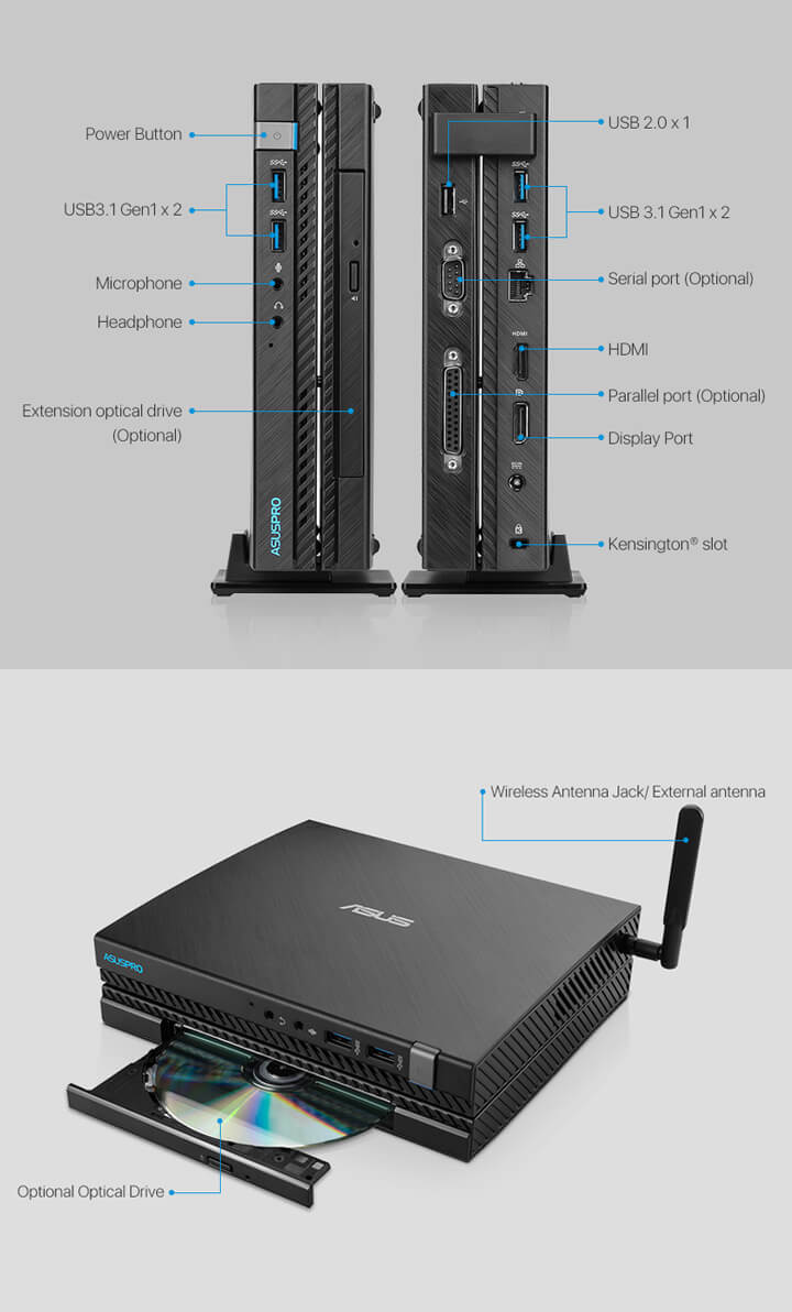 ASUSPRO E520-Zakelijke mini PC- hdmi- USB 3.1- seriële poort en ASUSPRO E520-Zakelijke mini PC-ODD-Draadloze antenne