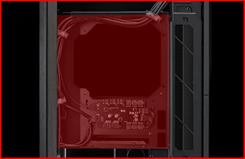 ROG Z11 design highlight of extra cable routing space, multifunction cover, ROG cable strips and two-piece PSU shroud