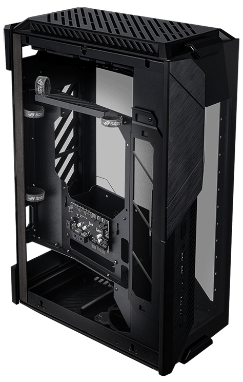 ROG Z11 design highlight of extra cable routing space, multifunction cover, ROG cable strips and two-piece PSU shroud