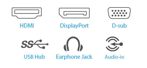 Amplia conectividad con HDMI, DisplayPort, D-sRGB, concentrador USB, conector para auriculares y entrada de audio