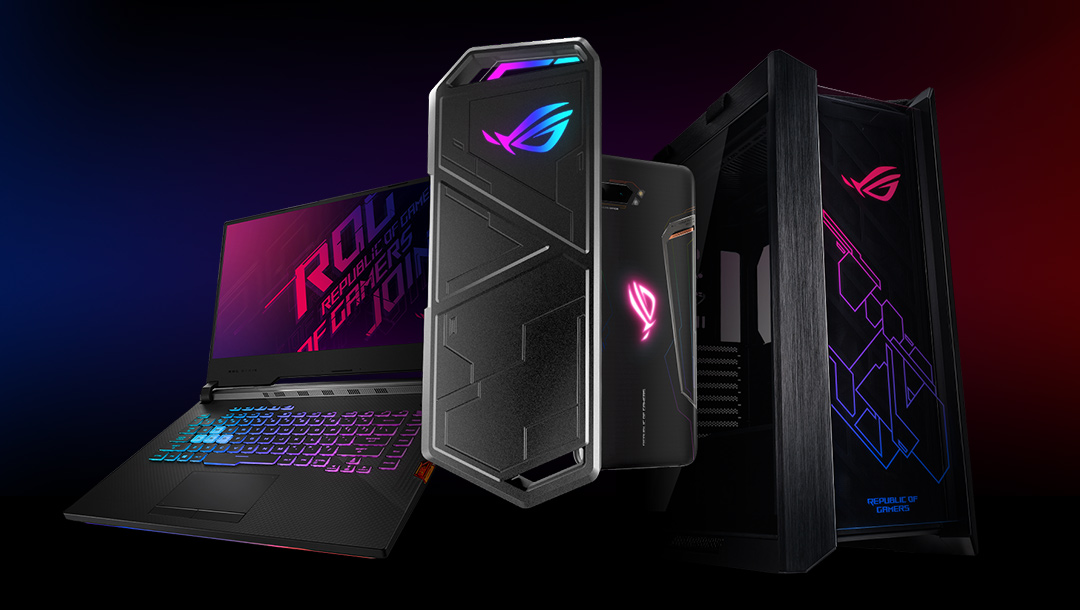 ROG Strix Arion Lite front view with a laptop, a desktop and a smartphone in the background