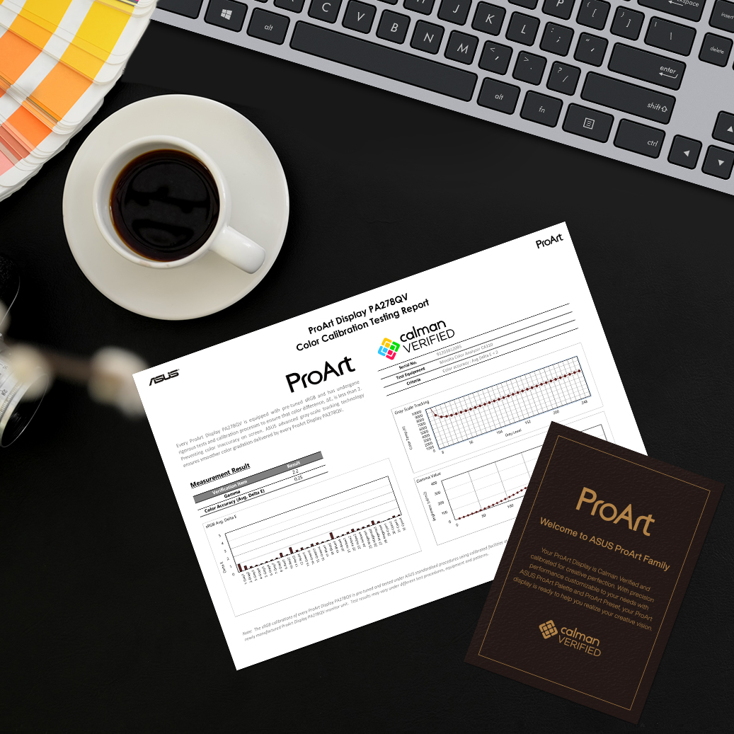 A color calibration test report of ProArt Display lies on a creator's desk