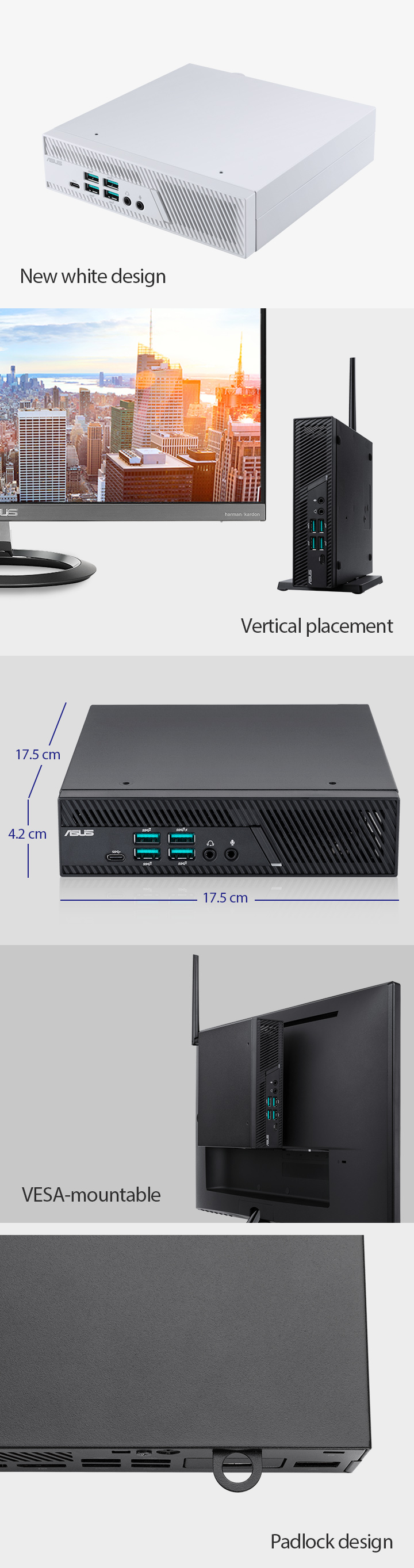 New white design, Vertical placement, VESA-mountable, Padlock design