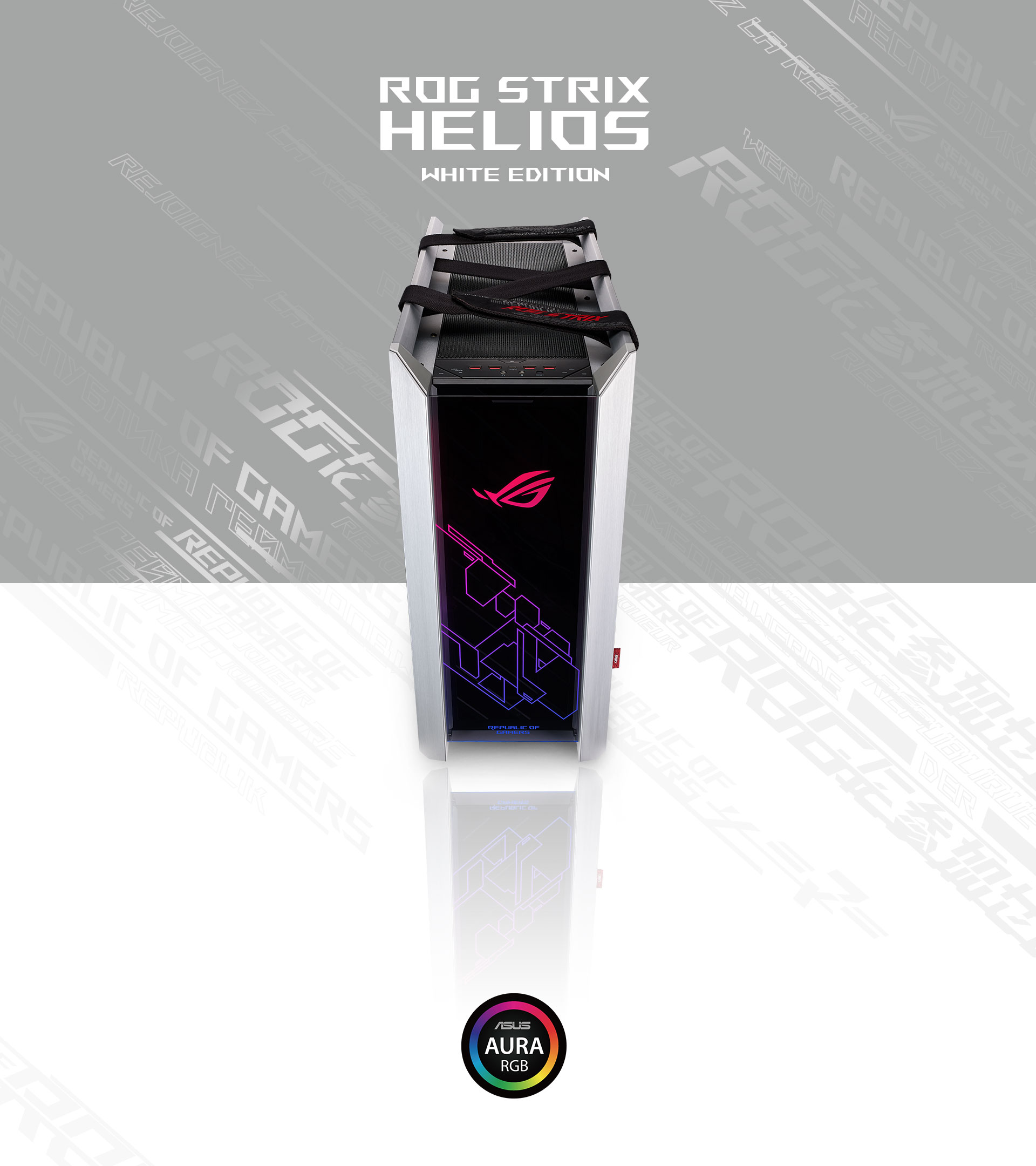 ROG Strix Helios White Edition top view and Aura RGB logo