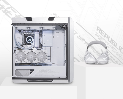 ROG Strix Helios white edition side view with complete ROG Moonlight White Edition product lineup