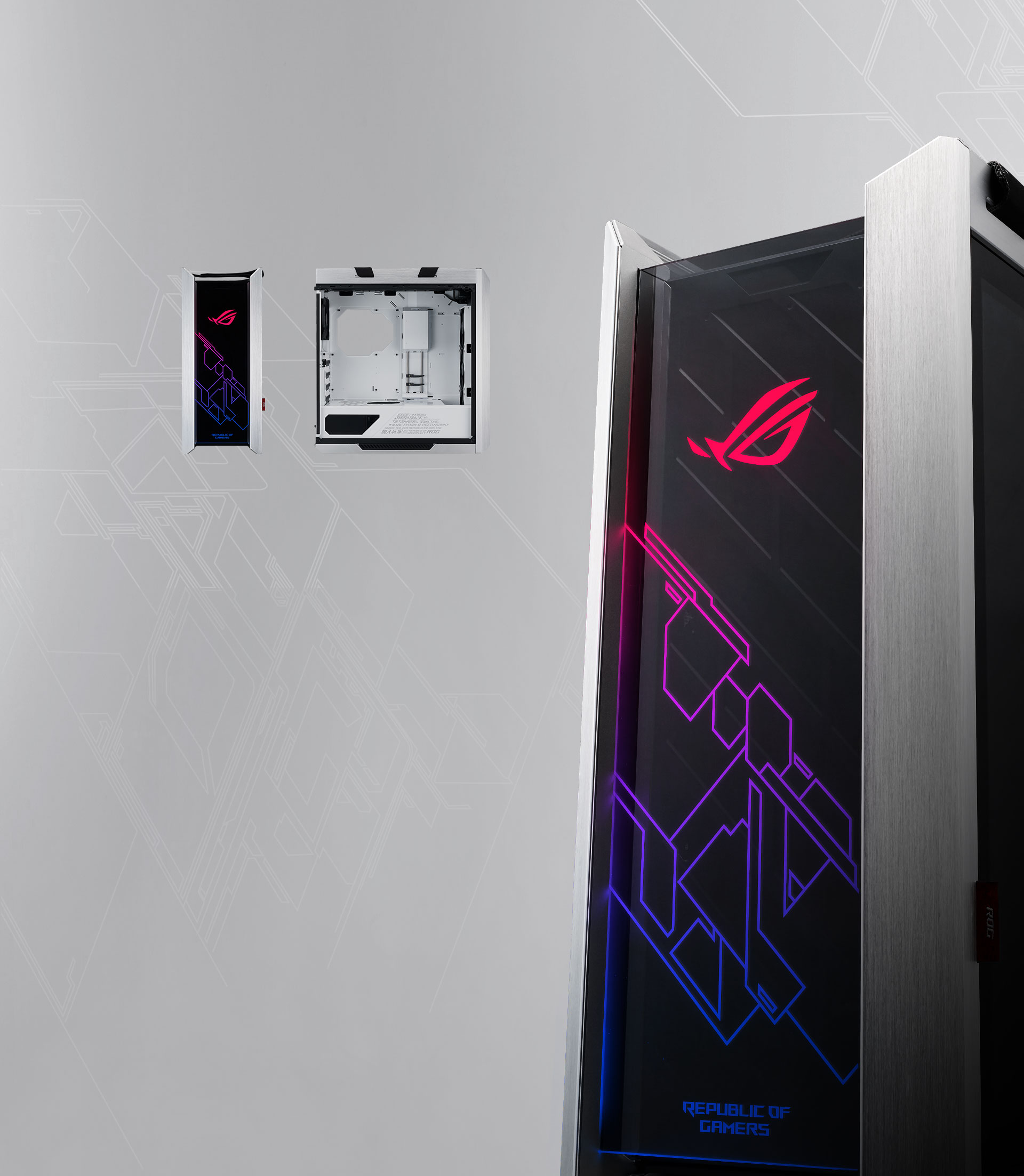 ROG Strix Helios White Edition with three different angles view to show its premium design and white aesthetics