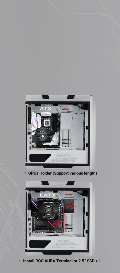 Two ROG Strix Helios White Edition side views demo its multi-function cover to suit both ATX and EATX motherboards.