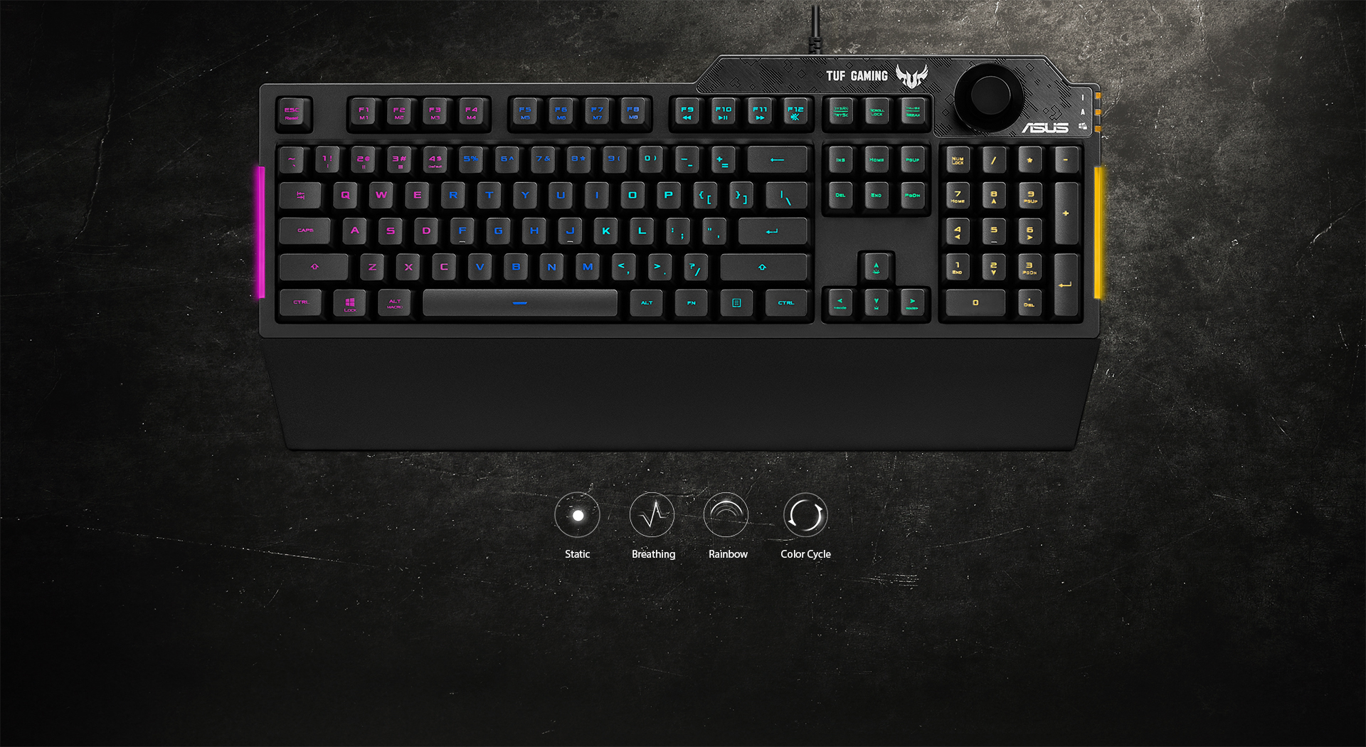 ASUS TUF Gaming K1 features five lighting zones and RGB bars along the left and right sides of the keyboard
