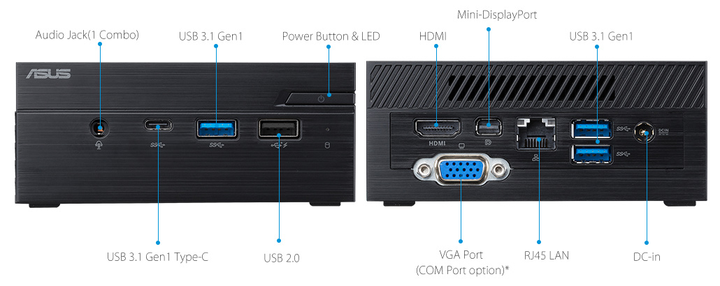 ASUSPRO PN40-Business Mini PC- HDMI- USB 3.1- serielle Schnittstelle und ASUSPRO PN40-Business Mini PC-ODD-Wireless Antenne