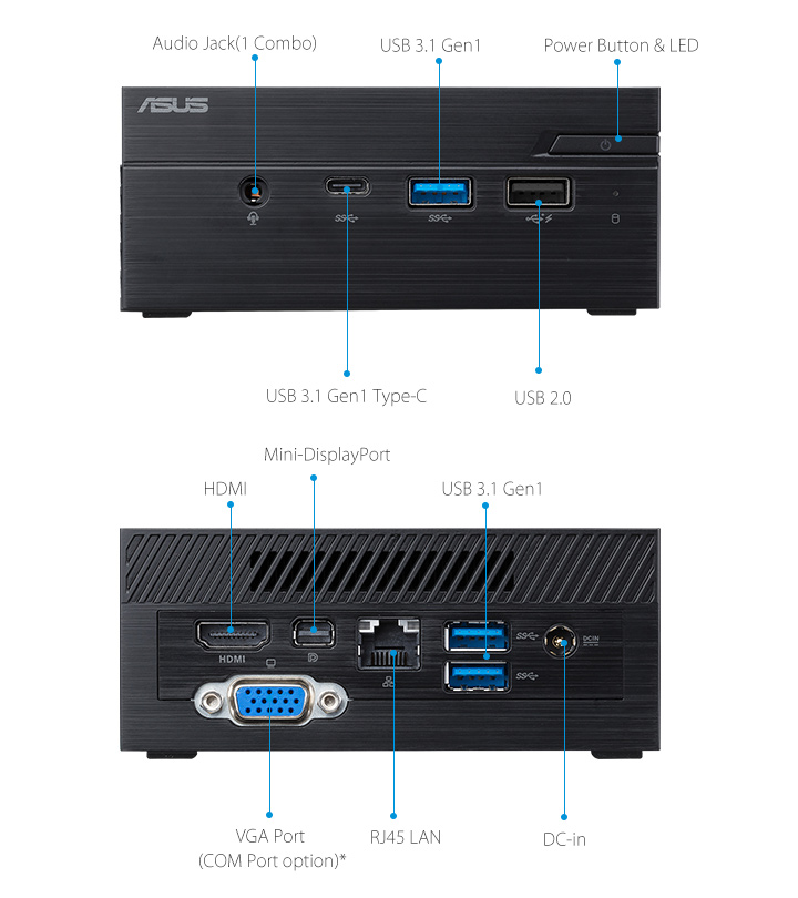 ASUSPRO PN40-Business Mini PC- HDMI- USB 3.1- serielle Schnittstelle und ASUSPRO PN40-Business Mini PC-ODD-Wireless Antenne