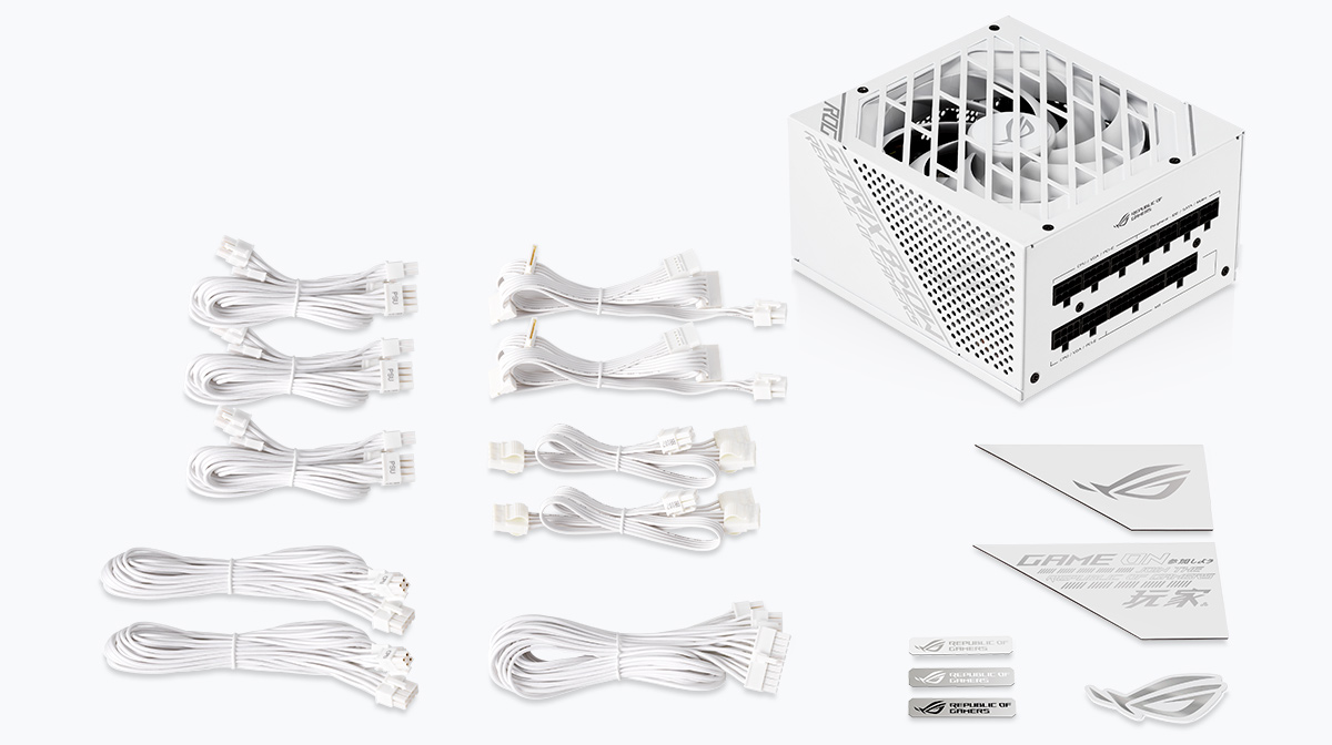 ROG Strix 850W White Edition box contents, with multiple white cables, multiple white stickers, and white magnets