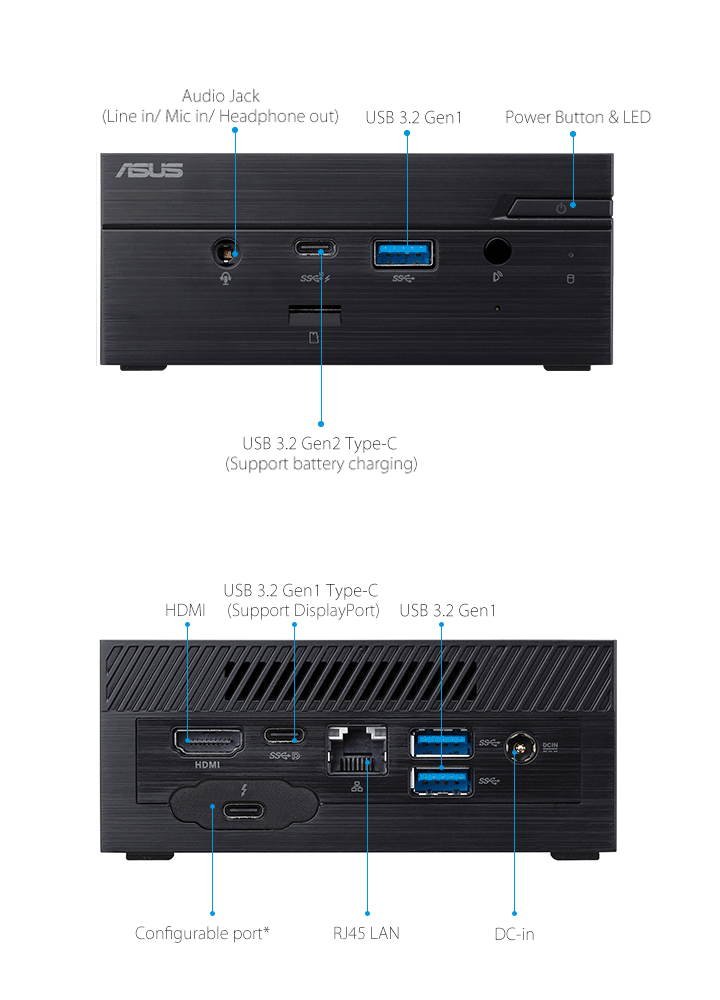 ASUSP PN62-Business Mini PC- HDMI- USB 3.1- serielle Schnittstelle und ASUS PN62-Business Mini PC-ODD-kabellose Antenne