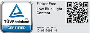 Logo certyfikacji TÜV Flicker Free i niskiego poziomu światła niebieskiego