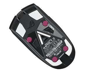 Underside view of ROG Strix Impact II Wireless, with the four rubber screw covers being highlighted