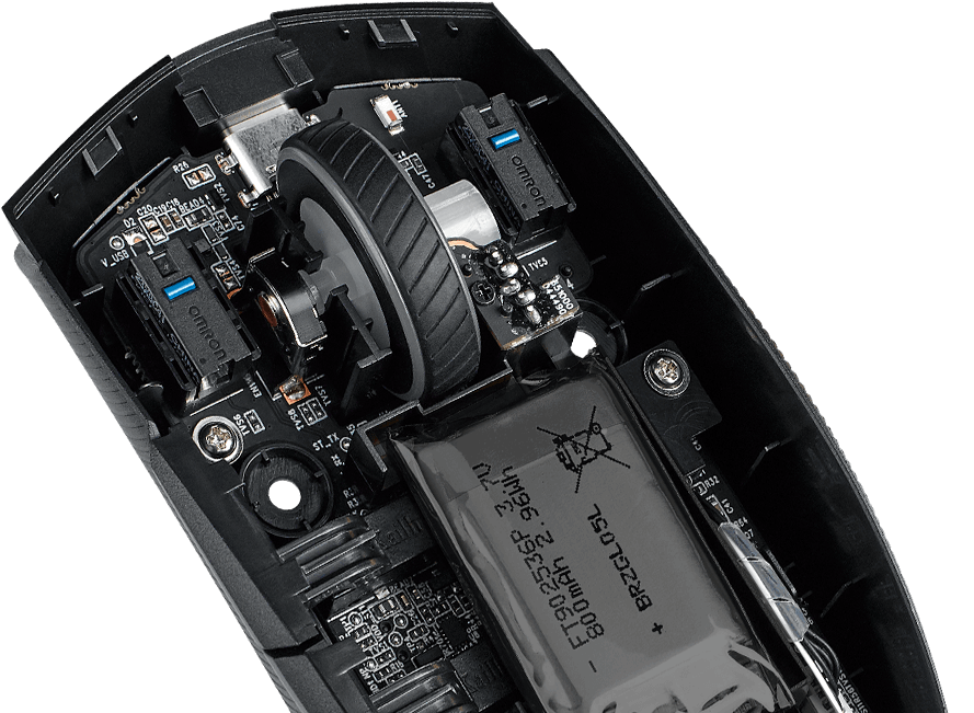 Internal components of ROG Strix Impact II Wireless, with push-fit switch sockets being highlighted