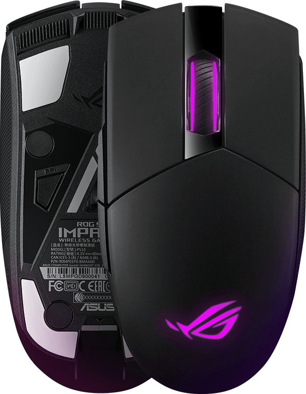 Top and underside view of ROG Strix Impact II Wireless, with On-the-fly DPI button highlighted